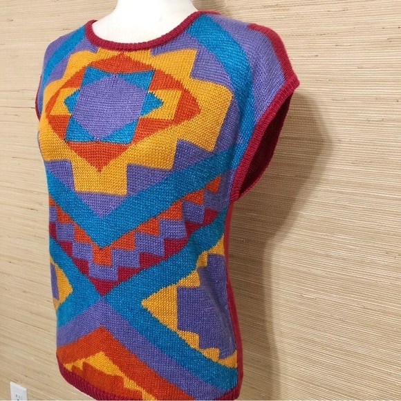 Renee Tener for Jeanne Pierre Multicolor Abstract Knit Linen Blend Sweater Vest - Picture 2 of 6